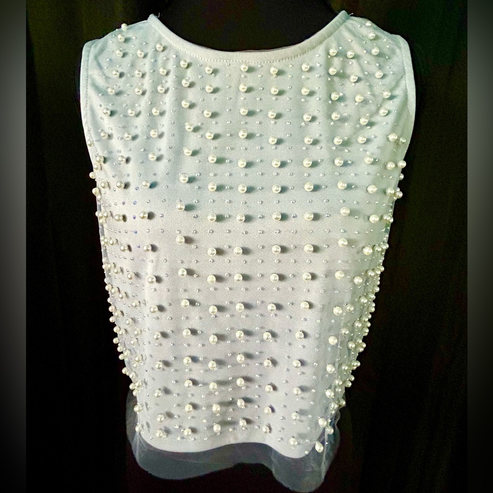 Haute Monde Baby Blue Sleeveless Pearl, Rhinestone Layered Mesh Top, Size M
